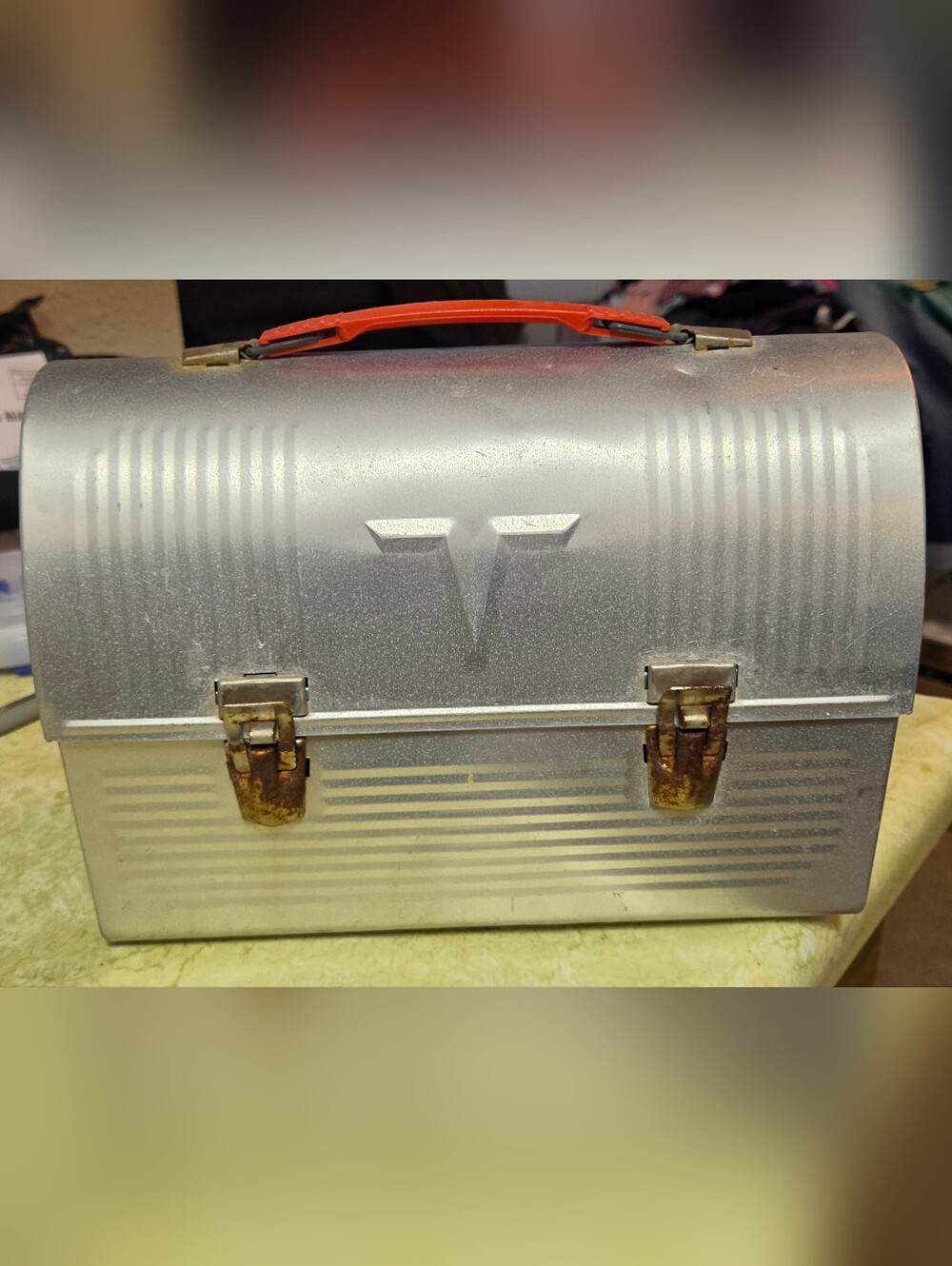 Thermos Vintage Silver Metal Lunchbox with Red Handle